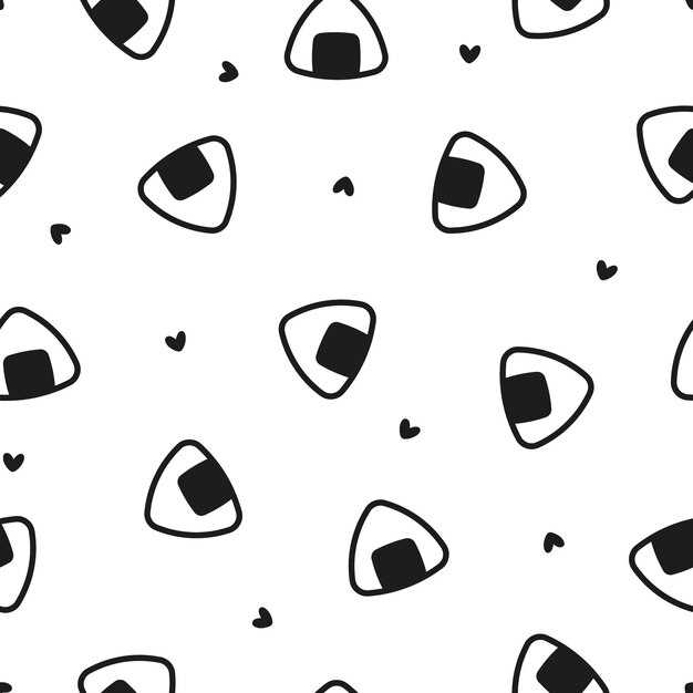 Seamless pattern with onigiri rice balls and black hearts