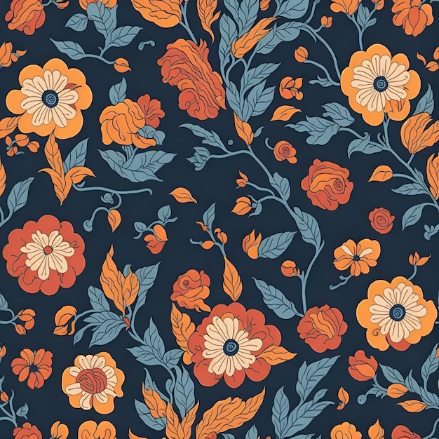 A seamless pattern with orange and blue flowers.