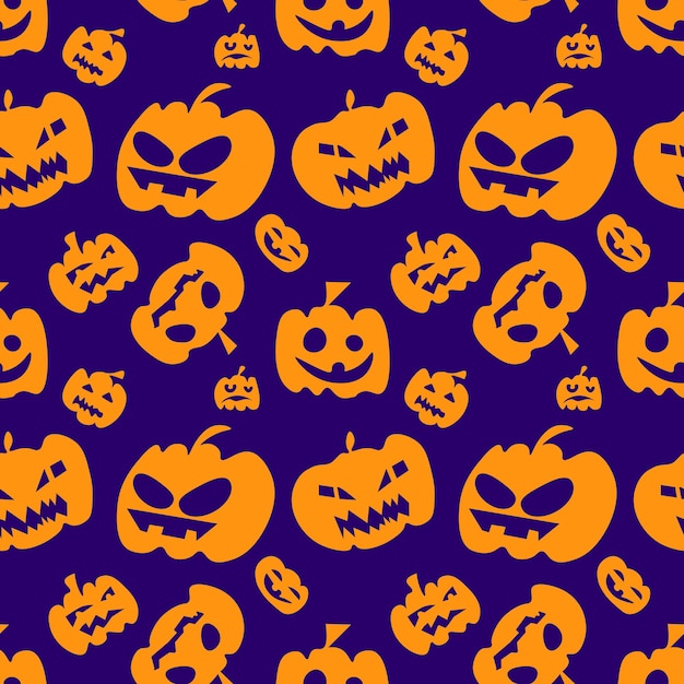 Seamless pattern with orange halloween pumpkins carved faces silhouettes on black background Can be used for scrapbook digital paper textile print page fill Vector illustration