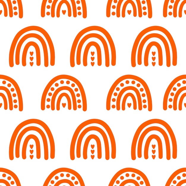 Seamless pattern with orange rainbows and hearts