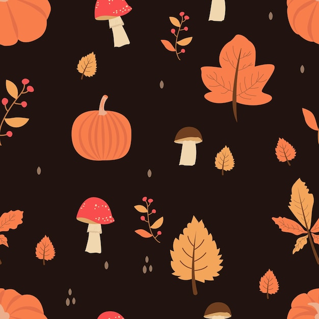 Seamless pattern with orange and yellow autumn leaves with rowan mushrooms and pumpkin