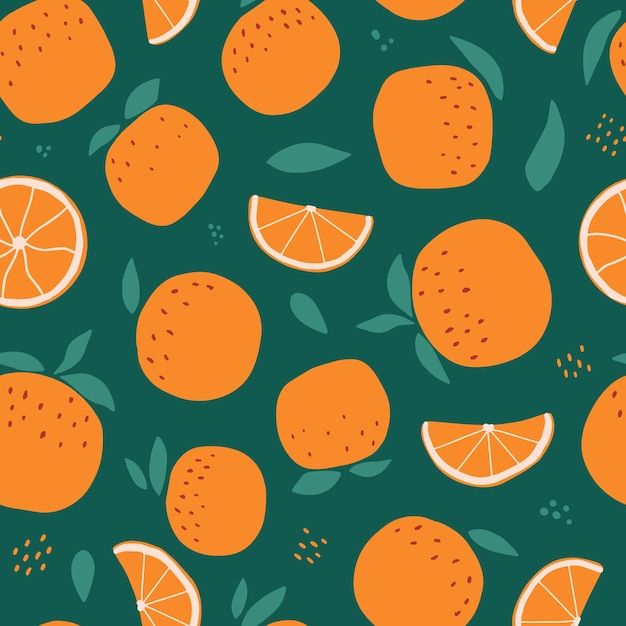 seamless pattern with oranges and leaves on green background