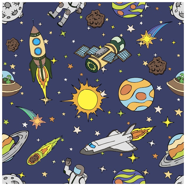 Seamless pattern with outer space doodles, symbols and design elements, spaceships, planets, stars, rocket, astronauts, comet. Cartoon colorful background. Hand drawn illustration.