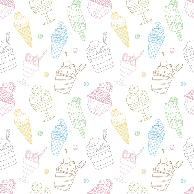 Seamless pattern with outline different ice cream popsicle waffle cone bowl with whipped food Sweet summer desserts Hand drawn color linear vector illustration on white background