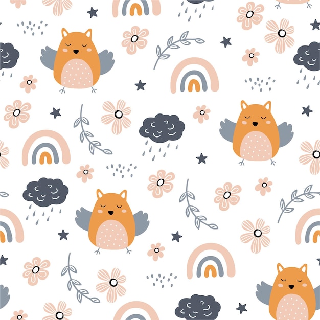 Seamless pattern with owl, cloud, rainbow