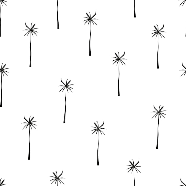 Seamless pattern with palm trees Black and white background in doodle style