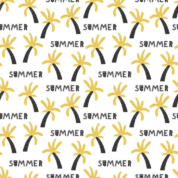 Seamless pattern with palms and summer lettering in black and yellow colors