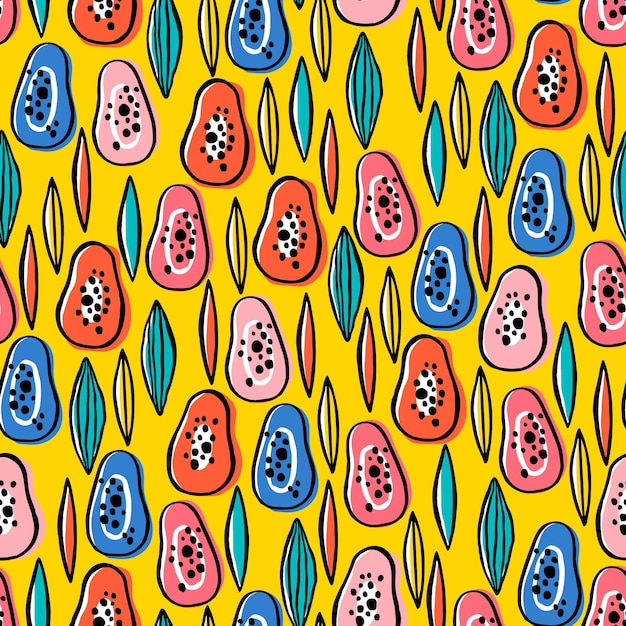 Seamless pattern with papaya fruits on yellow background