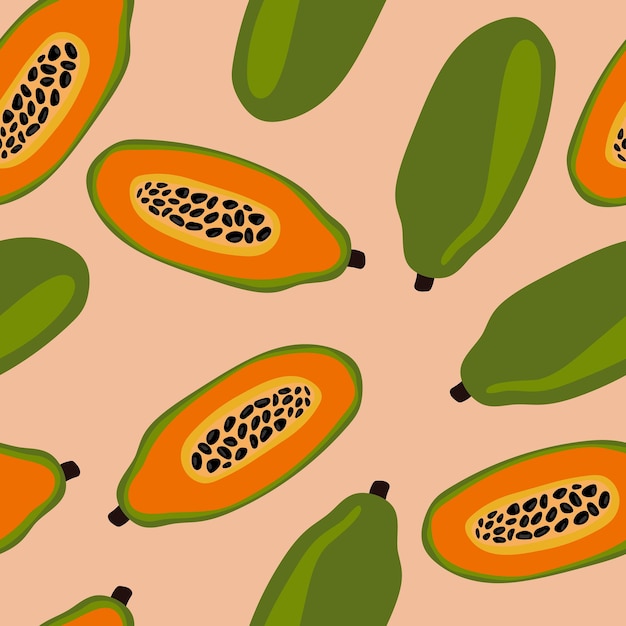 Seamless pattern with papaya. Ripe, orange and green papaya fruit. Summer background. Wallpaper, print, packaging, paper, textile design. flat Vector illustration.