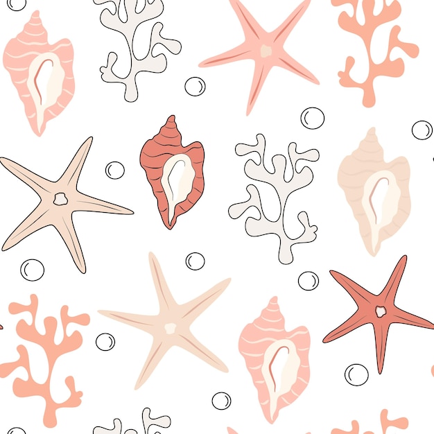 seamless pattern with pastel seashells, starfishes and corals