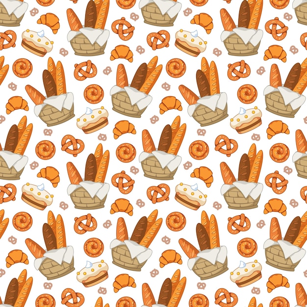 Seamless pattern with pastries in a basket rolls bread cake cake on a Vector illustration