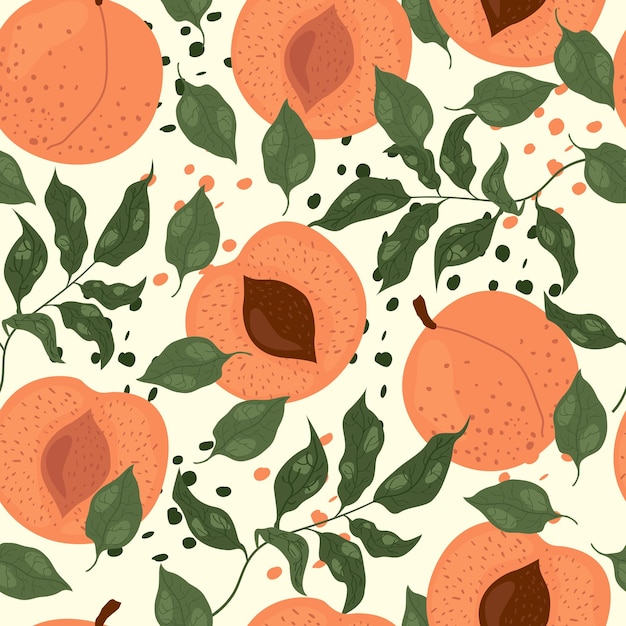 Seamless pattern with peach slices green leaves and abstract element