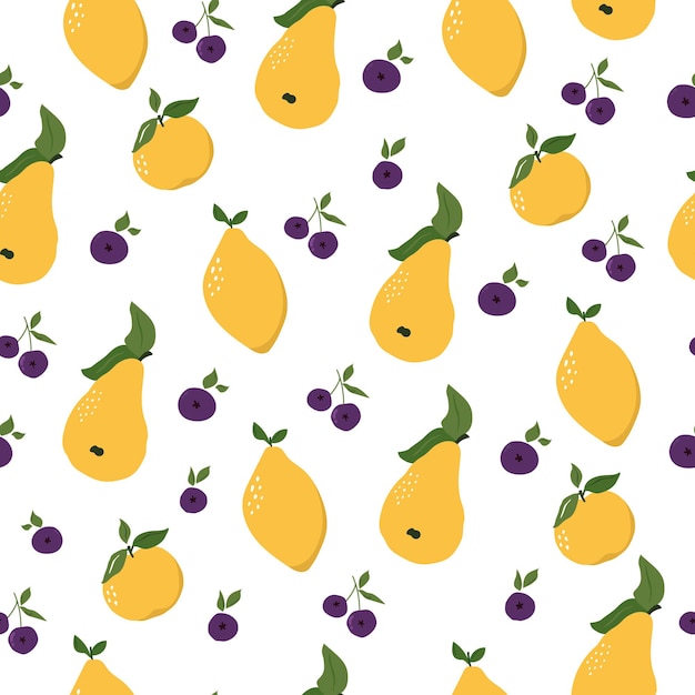 Seamless pattern with pears lemons peaches on white background