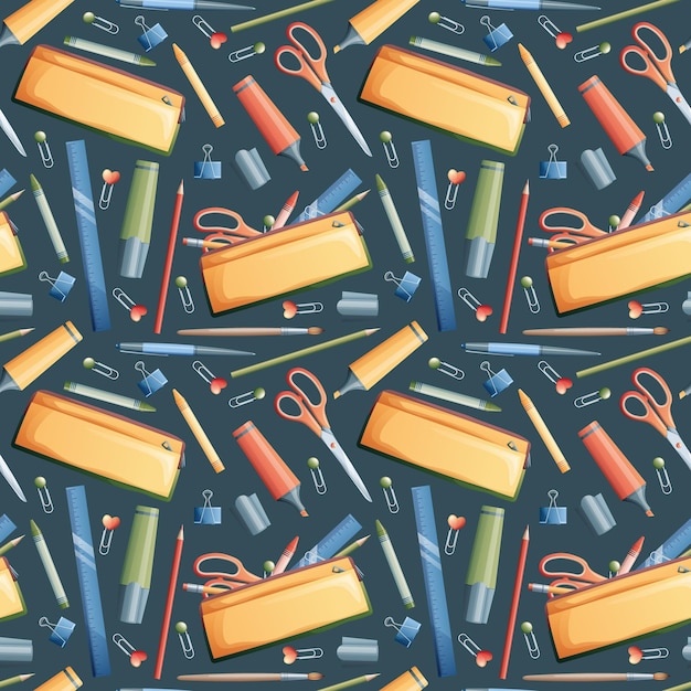 Seamless pattern with pencils markers scissors on a dark background School seamless background