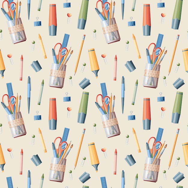 Seamless pattern with pencils markers scissors on a light background School seamless background