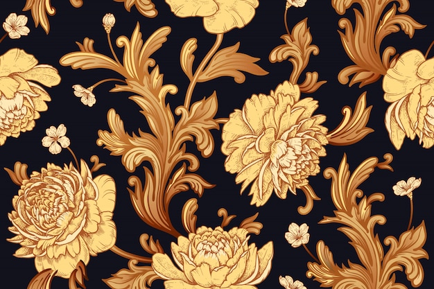 Seamless pattern with peonies and baroque decor elements.