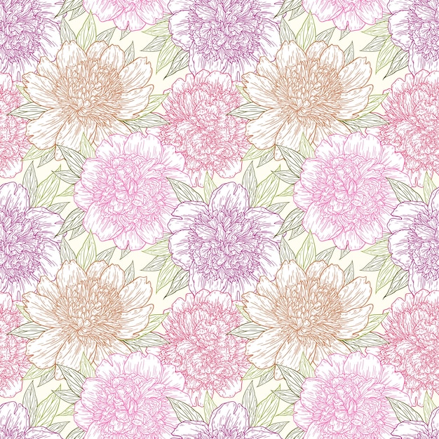 Vector seamless pattern with peony flowers hand drawn in lines