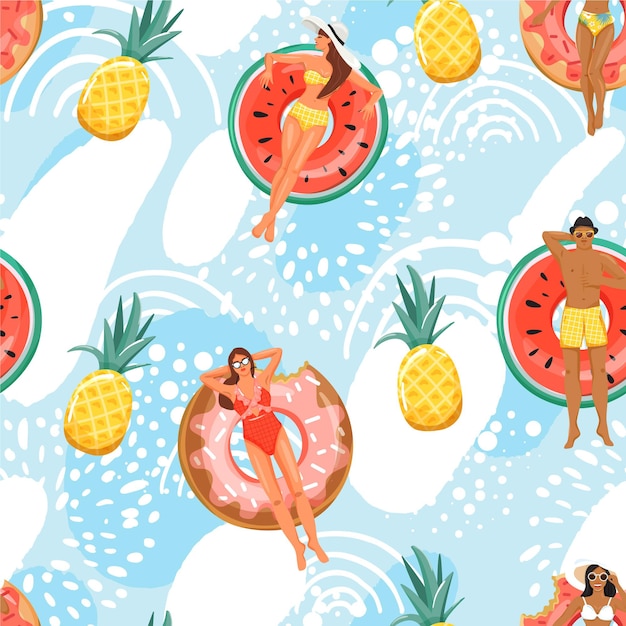 seamless pattern with people floating on inflatable ring