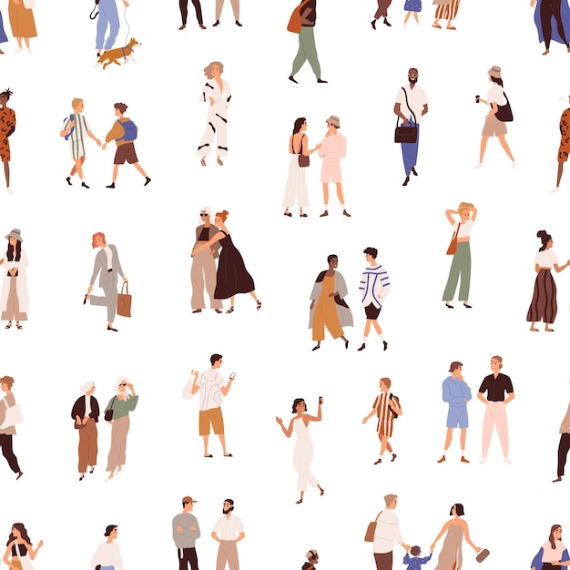 Seamless pattern with people outdoors on white background. Texture design with crowd of characters on city street, walking on different businesses. Colored flat vector illustration for printing.