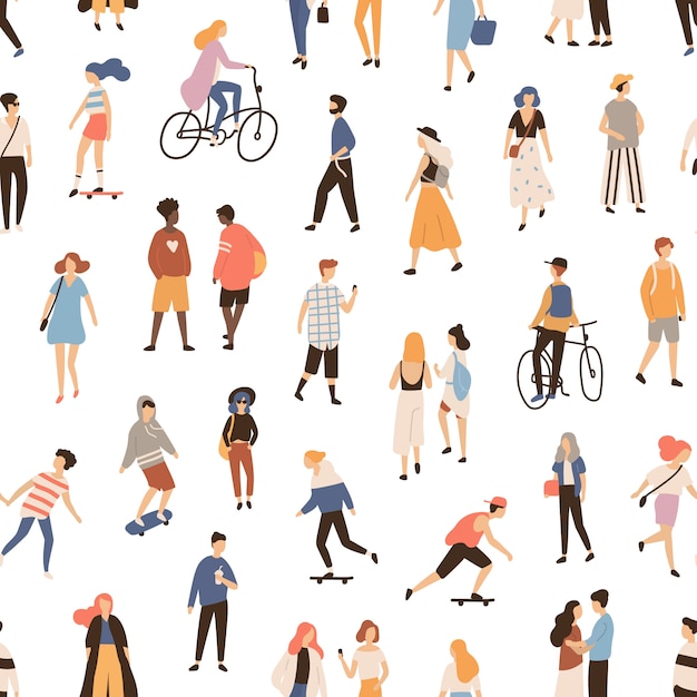 Seamless pattern with people walking on street, riding bike or skateboard. Backdrop with men, women and children performing outdoor activities. Flat cartoon illustration for textile print.