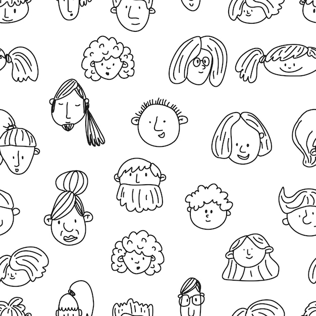 Seamless pattern with peoples faces black and white Sketch Handdrawn doodle style Line art Different men and women Cartoon characters Vector illustration