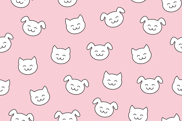 Seamless pattern with pets cute linear icons of puppies and kittens on a pink background