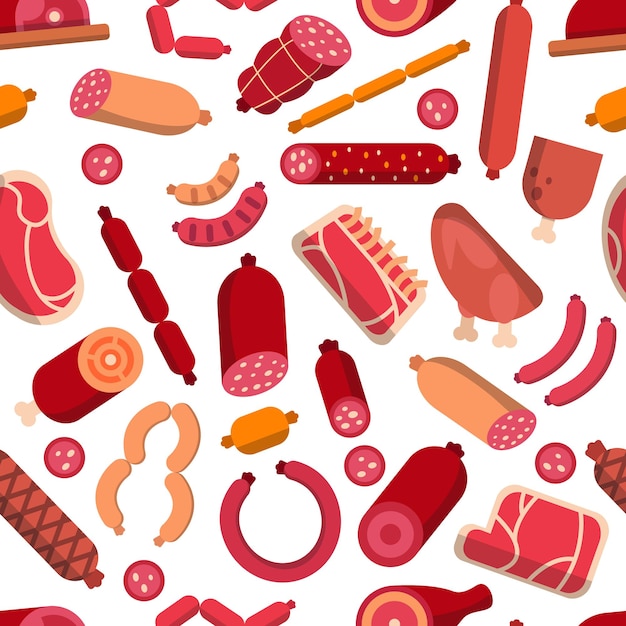 Seamless pattern with pictures of meat products Pictures for butcher shop Vector sausage and wurst food pork natural illustration