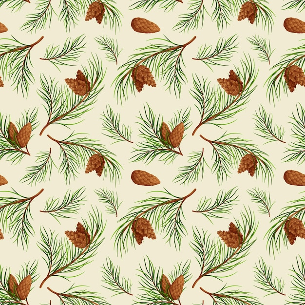 Seamless pattern with pine branches and cones Coniferous branches and cones on light background