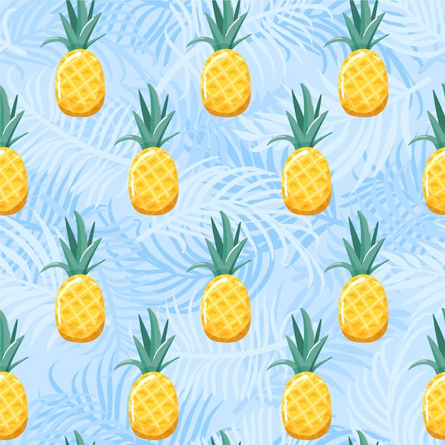 Seamless pattern with pineapple and palm leaves. Summer vibes.