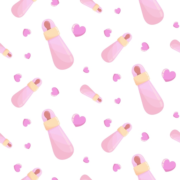 Seamless pattern with pink baby bottle for milk and hearts background