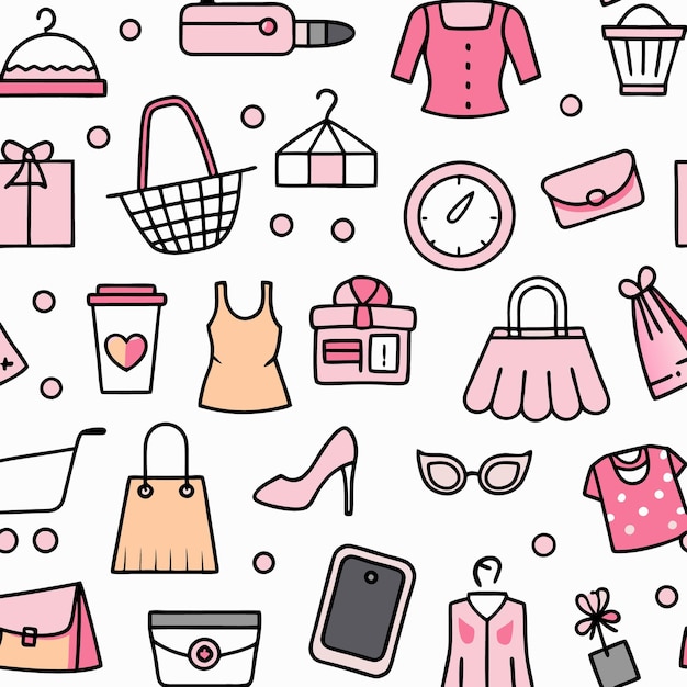 Seamless pattern with pink and black shopping fashion and beauty icons