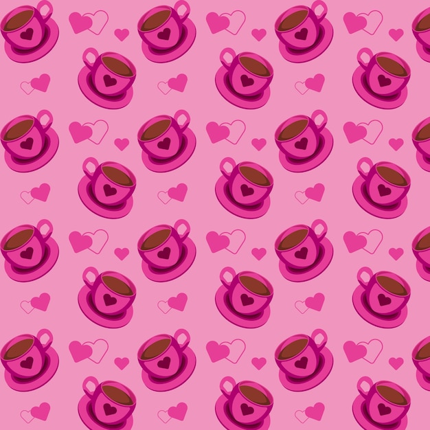 Seamless pattern with pink coffee cups and hearts on a pink background Vector illustration