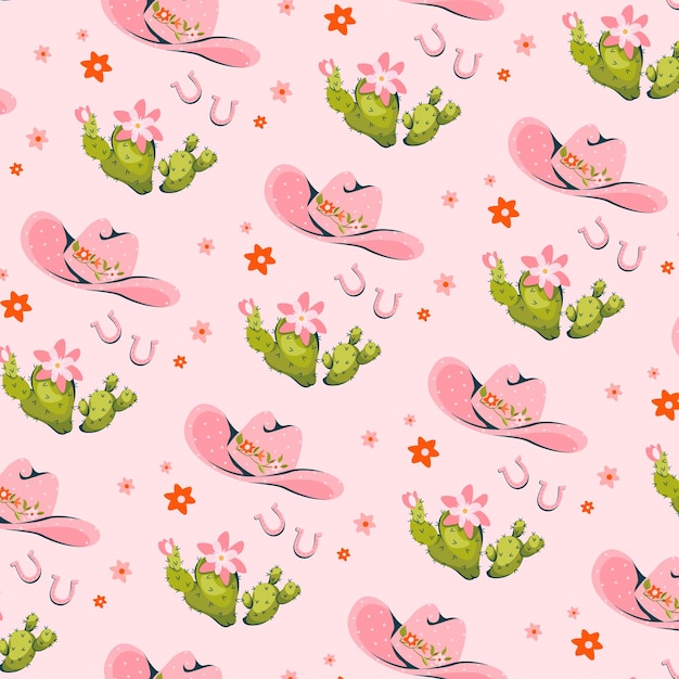 Vector seamless pattern with pink cowboy hat and cactus