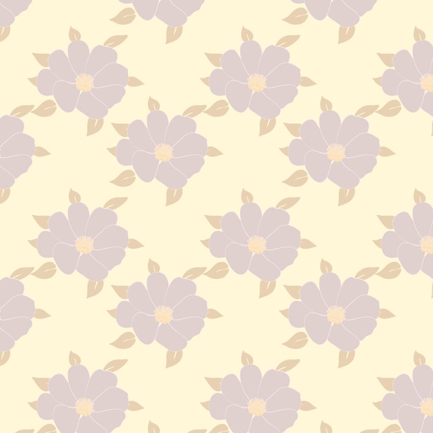 A seamless pattern with pink flowers on a light yellow background.