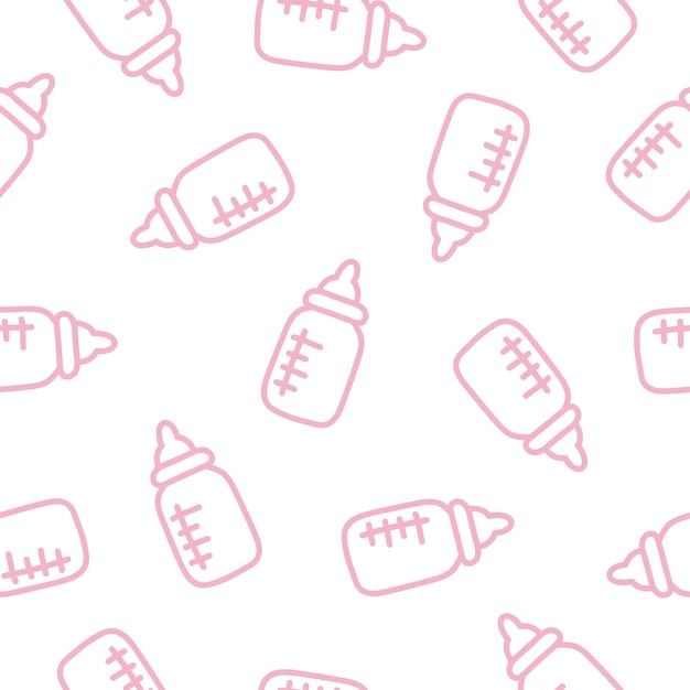 Seamless pattern with pink hand drawn baby bottles