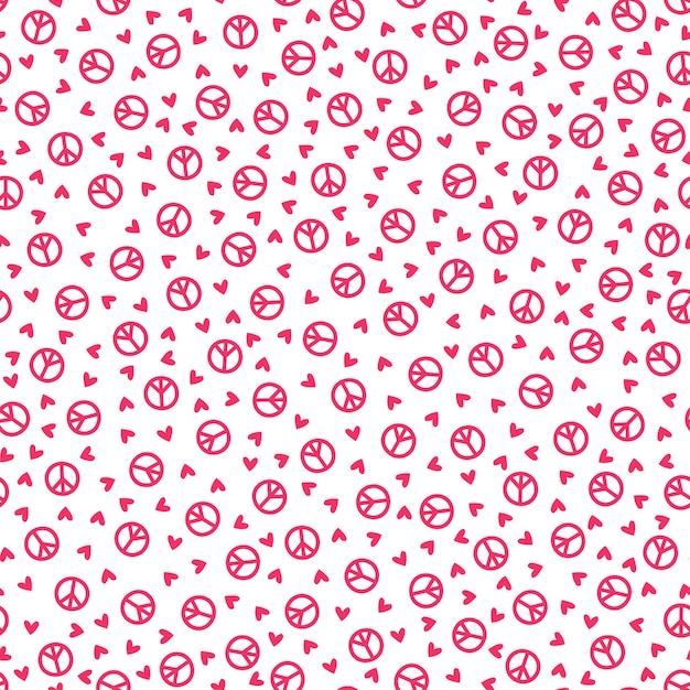 Seamless pattern with pink hearts and peace sign.