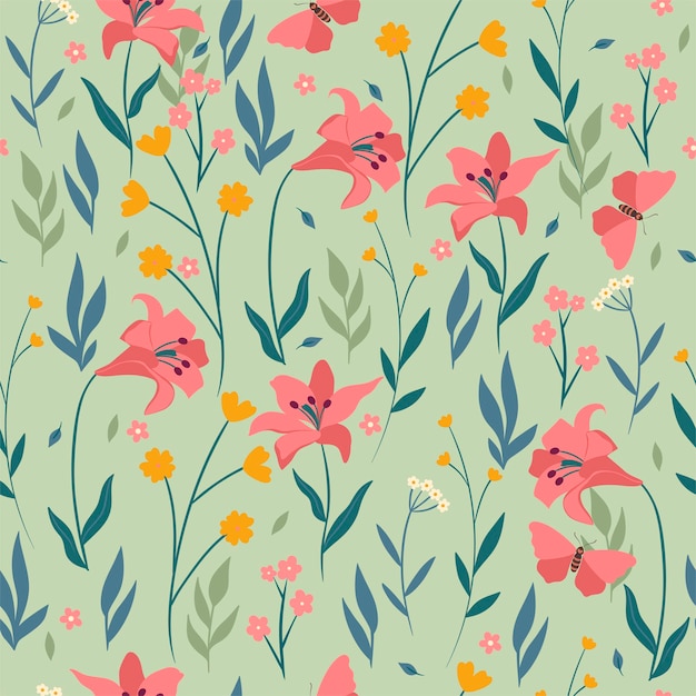 Seamless pattern with pink lilies, flowers, leaves and butterflies. Vector graphics.