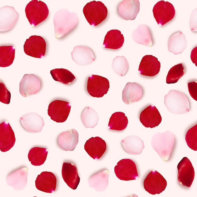 Seamless pattern with pink and red realistic rose petals. Blossom petals illustration