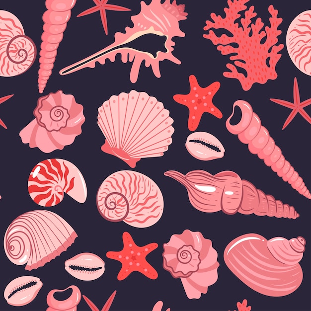 Seamless pattern with pink sea shells