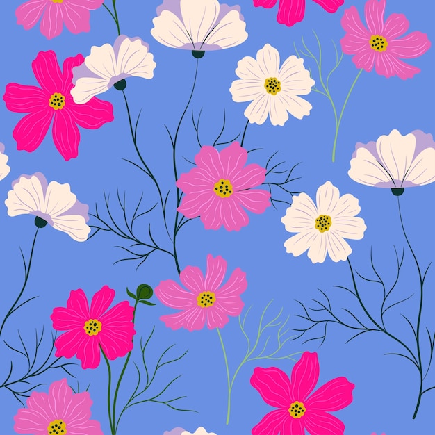 Seamless pattern with pink and white cosmea flowers Vector graphics