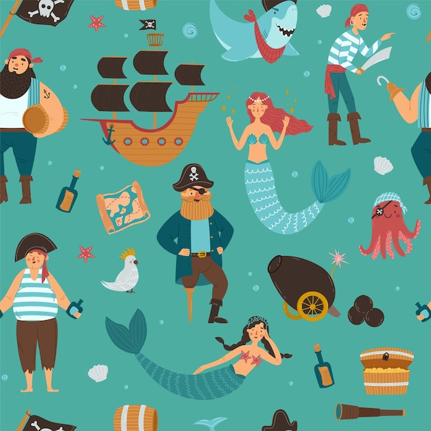 Seamless pattern with a pirates ship captain mermaids and marine inhabitants Treasure chest ship skull and crossbones flag Flat vector illustration