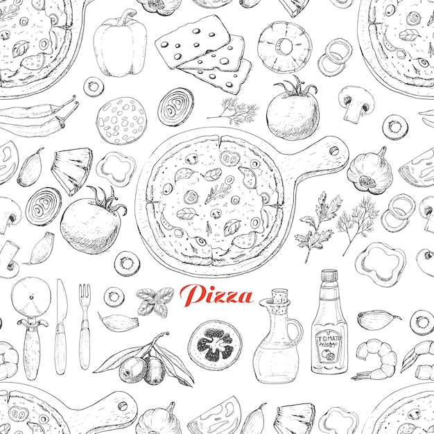 Seamless pattern with pizza and various products