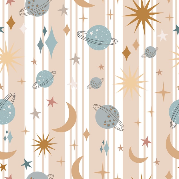 Seamless pattern with planet moon sun Heavenly elements Childish pattern with cosmos