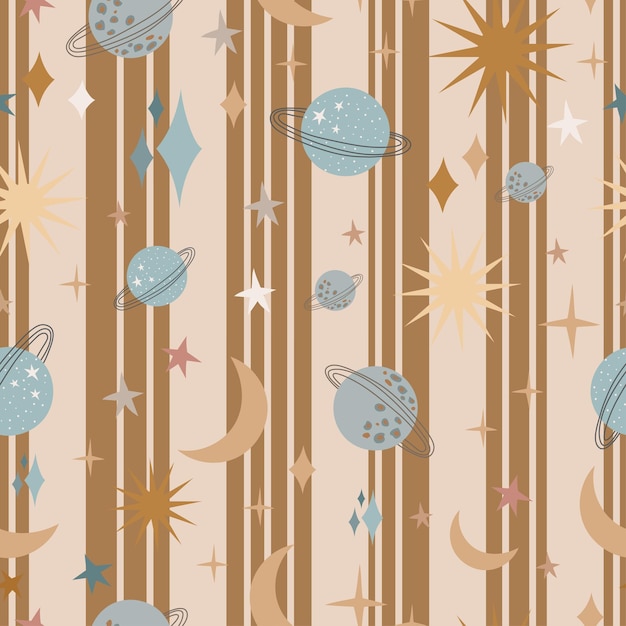 Seamless pattern with planet moon sun Heavenly elements Childish pattern with cosmos