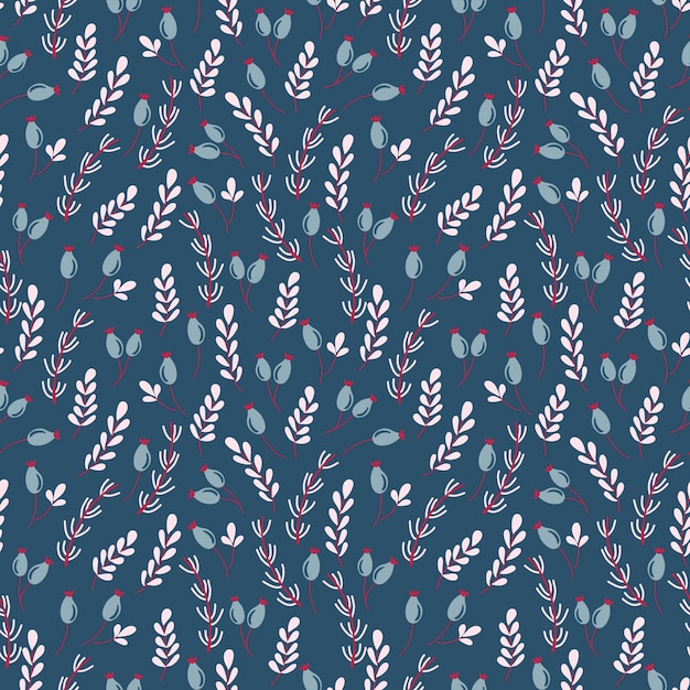 Seamless pattern with plant ornament on dark background. Cute botanical texture.