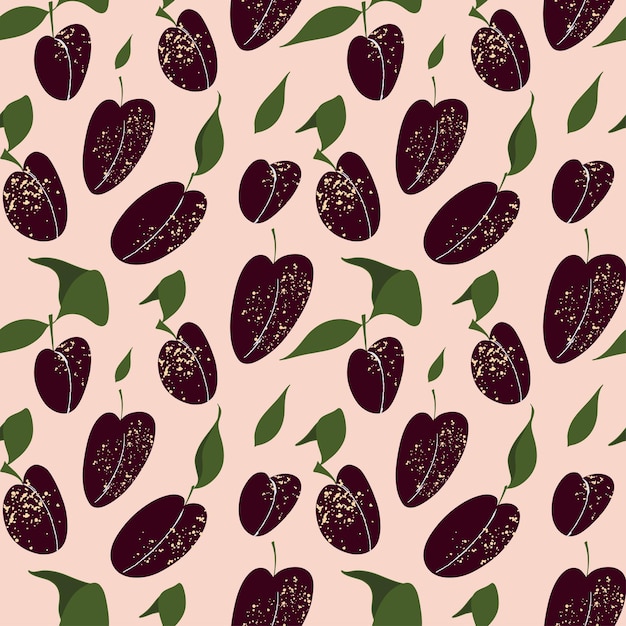 Seamless pattern with plums seasonal fruits leaves Summer food For print packing wallpaper menu cover