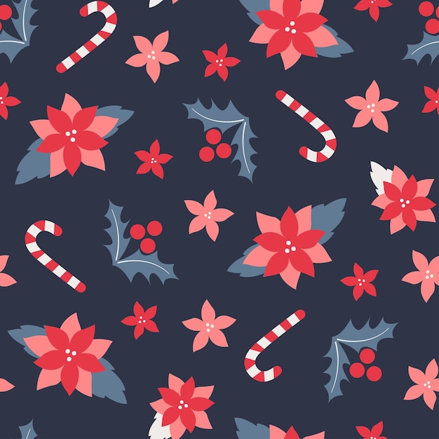 Seamless pattern with poinsettia and caramel canes