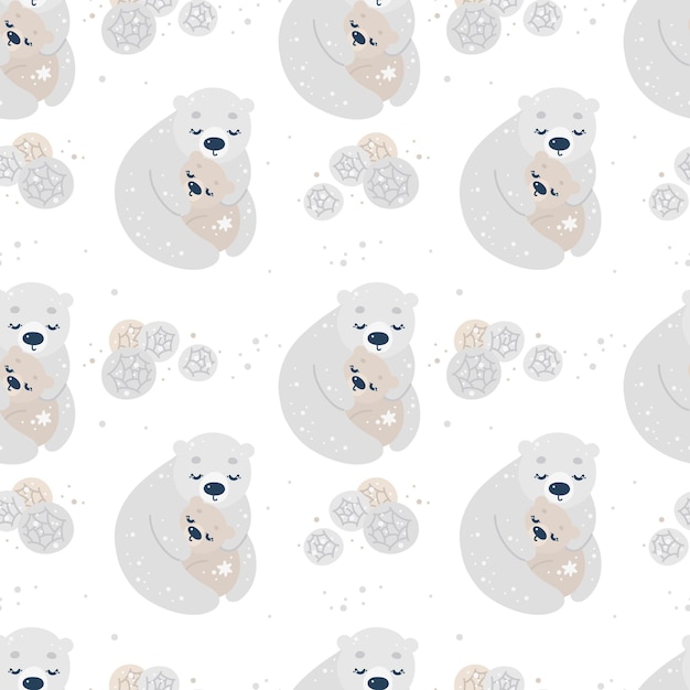 seamless pattern with polar bears, mom and baby hug and flowers