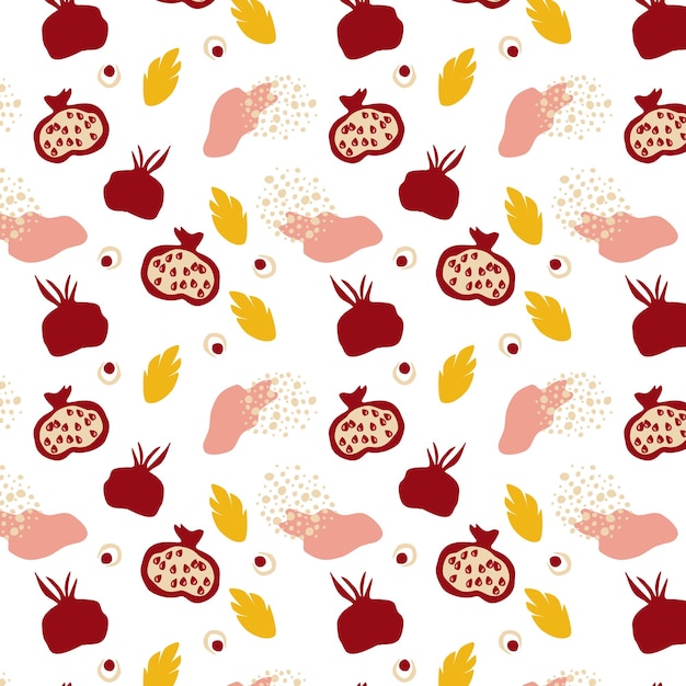 Seamless pattern with pomegranates. Decorative modern aesthetic pattern. Ripe pomegranate and leaves on white background. Design for wallpaper, textile, modern print. Vector hand drawn illustration