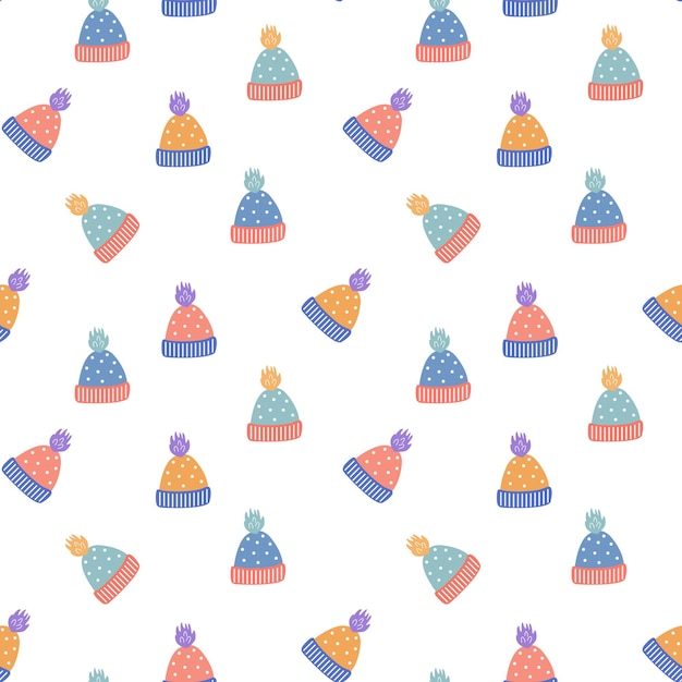 Seamless pattern with pompom hats